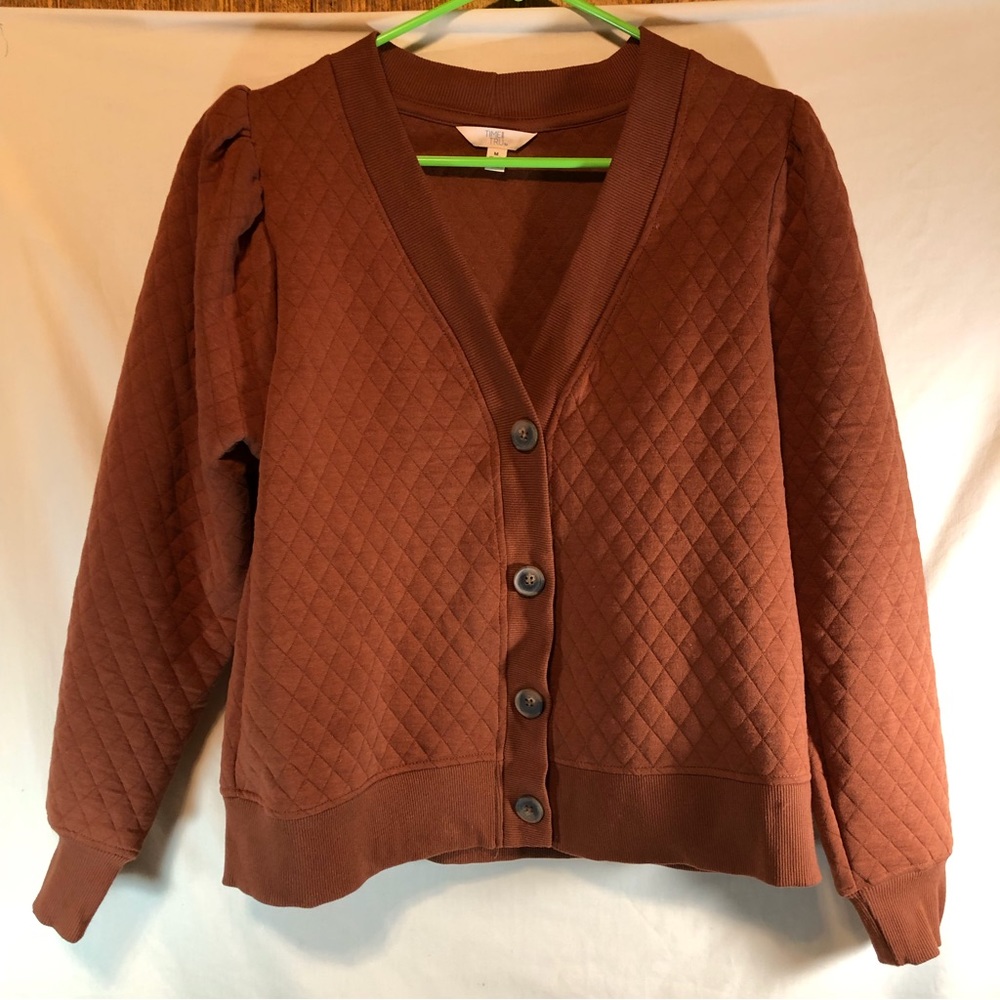 Time and Tru Quilted Brown Button-Front Cardigan Jacket